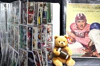 Binder filled with 180 NFL trading cards visible inside plastic sleeves alongside a vintage 1947 football program and Ty Beanie Baby Blitz bear holding football.