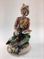 Front and side view of the porcelain Capodimonte figurine showing detailed paint and sculpting on the artist character and base.