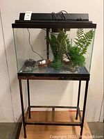 Full view of aquarium on metal stand with artificial plants inside and lighting hood on top.
