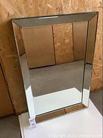 Heavy beveled rectangular mirror vertically positioned with black bordering and beveled edge, standing on white surface in front of plywood background.
