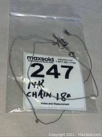 Photo of the 14k gold chain laid inside a plastic bag with label showing chain length and material.