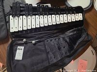 Xylophone in soft-sided bag showing white metal keys marked with musical notes inside black frame.