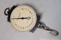 Front view of the vintage Chatillon hanging scale, showing dial face and hook.