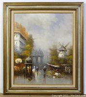 Full view of the framed oil painting showing street with windmill and figures.