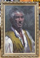 Frontal view of framed oil painting of an elderly man wearing a white shirt and olive vest, showing detailed brushstrokes and usage of shadow and light.
