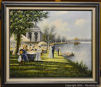 Full view of the oil painting showing the lake scene with people and the frame.