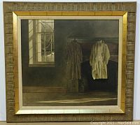 Full view of the framed print 'The Quaker' showing the image with two coats hanging, window light, and frame details.