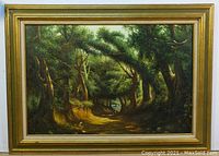 Full view of forest painting with gold frame, showing overall scene and frame size.