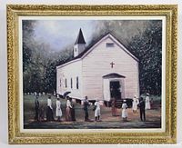Frontal photo of the framed print showing the scene of a white church and figures outside, signed by Ted Ellis.