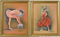 Two framed oil paintings showing ballet dancers: one in pink tutu adjusting shoe, other in red dress dancing.