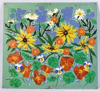 Frontal view of the unframed oil painting depicting colorful flowers on green background, signed 'Fay'.