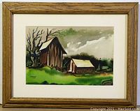 Frontal view of the framed watercolor painting showing rural barns and landscape by Morris Green.