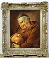 Full view of the framed oil painting showing a smiling monk in brown robes holding a wine jug and cup.