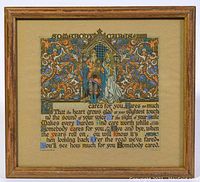 Full view of the framed vintage Buzza Motto print titled 'Somebody Cares' from 1927, showing the entire print and wooden frame.