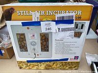 Still Air Incubator Model 2100 in unopened packaging showing front box side with features list and incubator image.