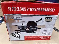 Box showing front with cookware set image and listing of contents