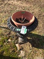 Cast iron planter with plastic flower pot sitting inside, outdoor on grass and soil, shown from front angle