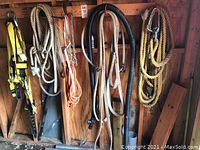 Full view of safety harness, multiple ropes and straps, black hose coiled and hanging on wooden shed wall