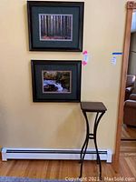 Two framed nature prints and small table shown against wall with hardwood floor.