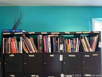 Wide view of black cubby shelving filled with labeled sections and books arranged by subject
