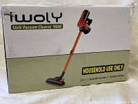 Box of Iwoly Stick Vacuum Cleaner V600 showing front of packaging with product image and features.