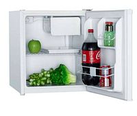 Interior of the compact refrigerator showing half-width freezer, removable shelf, and storage space with food items for demonstration