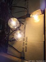 Close-up of three lit globe-shaped G40 bulbs on string light wiring, showing warm illumination and bulb details.