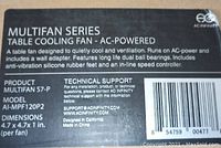 Label showing product name, model number AI-MPF120P2, AC powered table cooling fan with dimensions 4.7 x 4.7 x 1 inches per fan, and features including dual ball bearings and silicone anti-vibration feet.
