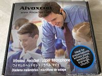 Box showing the Alvoxcon brand and product usage suggestions for wireless headset and lapel microphones.