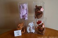 Five Beanie Baby plush toys in clear plastic protective cases arranged on a wooden table.