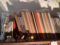 Shelf with multiple vintage books mostly about geography and primitive art, with several small dog figurines in front.
