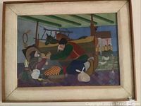 Full view of framed painting showing woman giving birth, man assisting, animals, and barn interior.