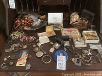 Overview of all lot contents arranged on dark table including tray, necklaces, brooches and small accessories