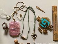 Overhead view of all jewelry pieces arranged on table