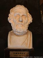 Front of the Homer bust showing facial features, hair, beard, and inscribed base
