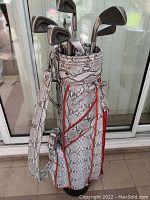 Photo showing the golf bag with the snake skin pattern and red accents with iron clubs inside.