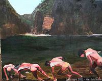 Oil painting depicting indigenous South Pacific tribes near water with cliffs