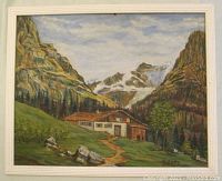 Frontal view of the oil painting showing the mountain cabin scene with rocky cliffs and green valley, framed in thin white frame.