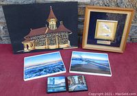 Six-piece lot including wood veneer panel, cloisonne bird panel, framed and loose photos