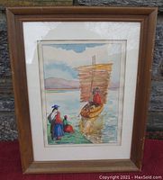 Framed watercolor showing details of the painting and mat inside wooden frame, photo taken for visual verification.