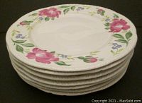 Stack of seven round plates with hand painted floral patterns on rims