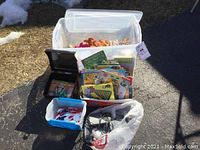 Photo of a clear plastic tote containing various colorful Beanie Babies, a selection of children’s books, a black case holding collectible cards, and a small plastic bin filled with red and white plastic poker chips.