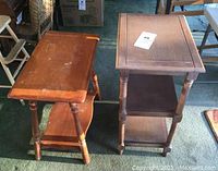 Two wooden side tables placed side by side showing overall condition, wood finish, shelves, and leg style.