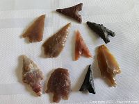 Photo showing nine arrowheads of various colors and shapes from brown to black and reddish, arranged on a white textured cloth.