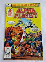 Front cover of the 1983 Marvel Comics Alpha Flight No 1 comic book showing the full title, bright yellow background, and multiple superhero characters.