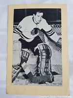 Black and white photo of Glenn Hall in goalie attire in front of net, showing full figure and name below.