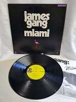 Vinyl LP record with black cover featuring white text and pink flamingo. Record shown outside cover with visible grooves and yellow label.
