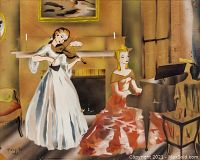 Full view of unframed board painting showing two musicians and interior setting