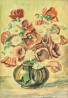 Full view of the watercolor painting showing a bouquet of flowers in a green vase with pink/red and white blossoms. Signed and dated bottom right.