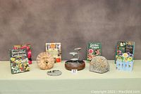Shows the full lot with 5 books, stone sun dial plaque, hanging sun plaque, butterfly rock decoration and tiered water fountain